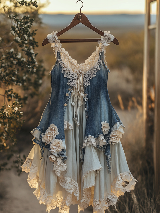 Summer Handmade Lace Denim Patchwork Dress 0762