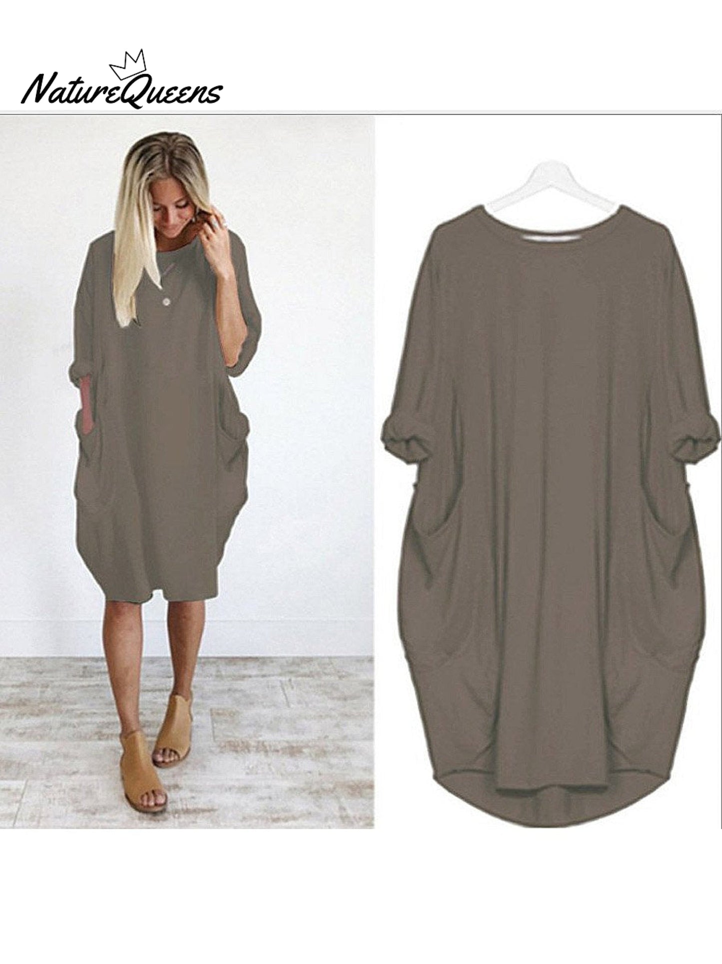 Women's Solid Color Loose Elegant Casual Long-sleeved Pocket Dress