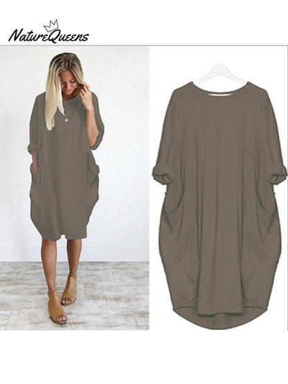 Women's Solid Color Loose Elegant Casual Long-sleeved Pocket Dress