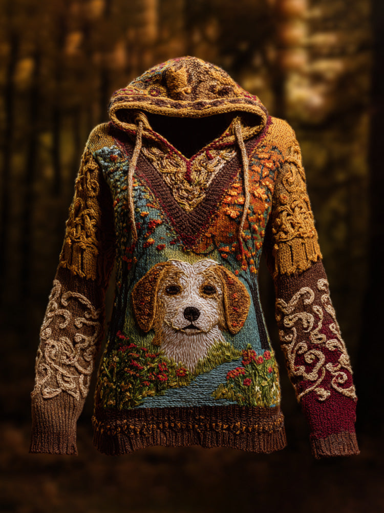 Women's Vintage Halloween Dog Embroidered Print Hoodie