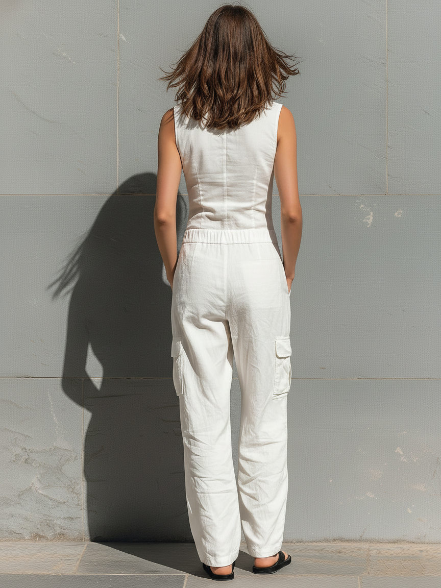Women's Minimalist Cotton Blend Single-breasted Sleeveless Jumpsuit MDZ1304A4Y