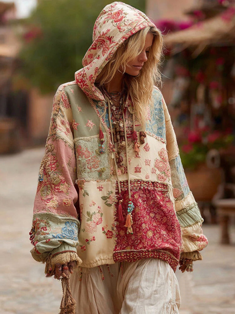 Women's Floral Embroidery Patchwork Boho Casual Hooded Sweatshirt