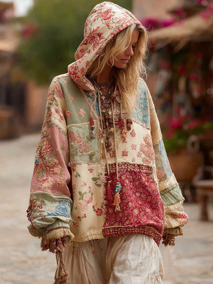 Women's Floral Embroidery Patchwork Boho Casual Hooded Sweatshirt
