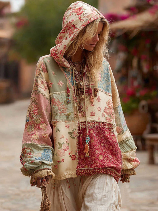 Women's Floral Embroidery Patchwork Boho Casual Hooded Sweatshirt