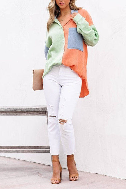 Contrast Panel Single-Breasted Drop-Shoulder Long-Sleeve Shirt