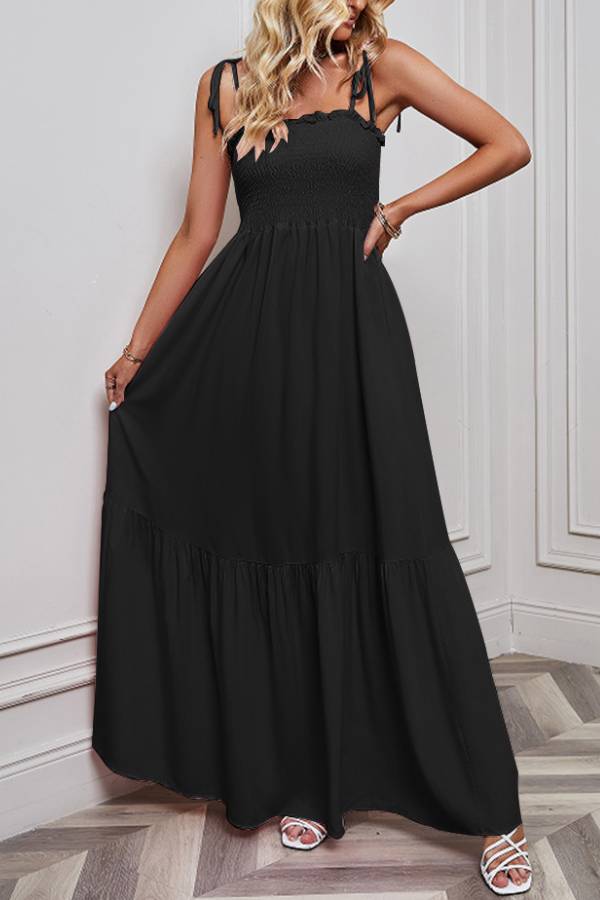 Multi-Color Smocked Tie-Strap Tiered Maxi Dress