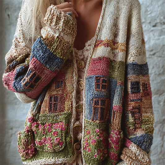 Cottagecore Floral Buildings Colorblock Crochet Cozy Knit Cardigan