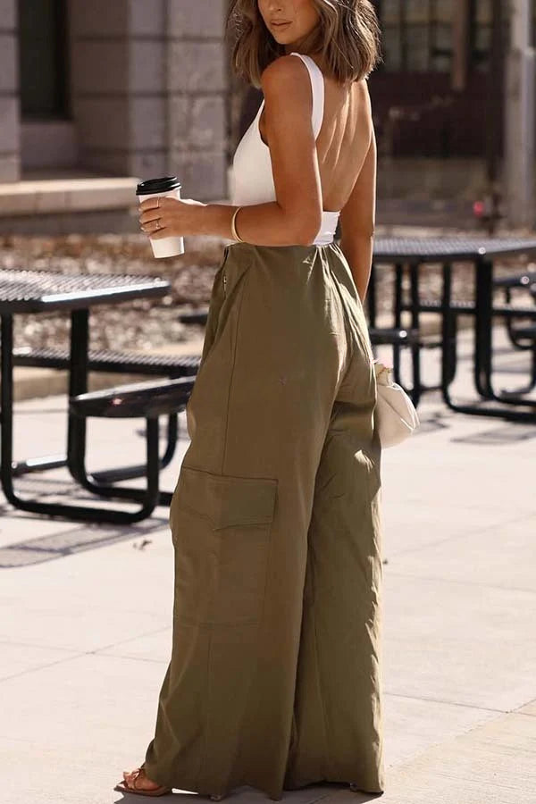 Great Week Pleated Elastic Waist Zipper Pocket Wide Leg Cargo Pants
