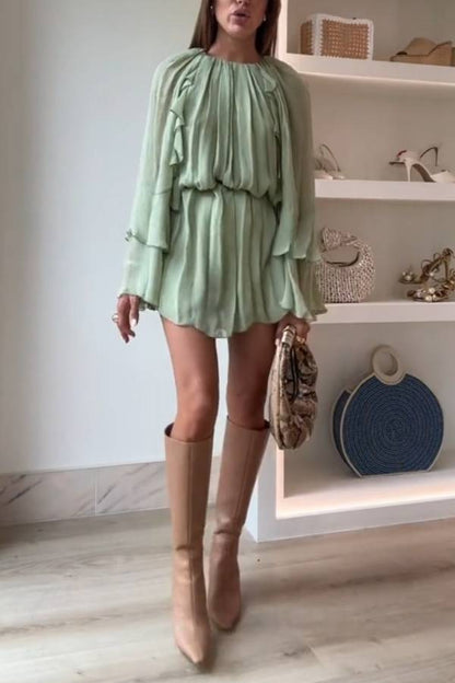 Mint Green Ruffle Smocked Bell Sleeve Loose Dress