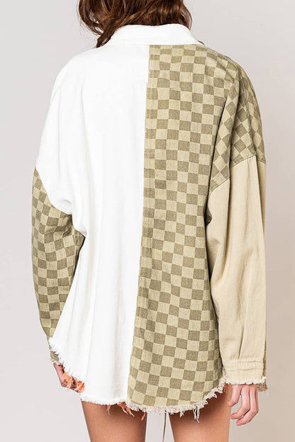 Check Panel Fringe Denim Jacket