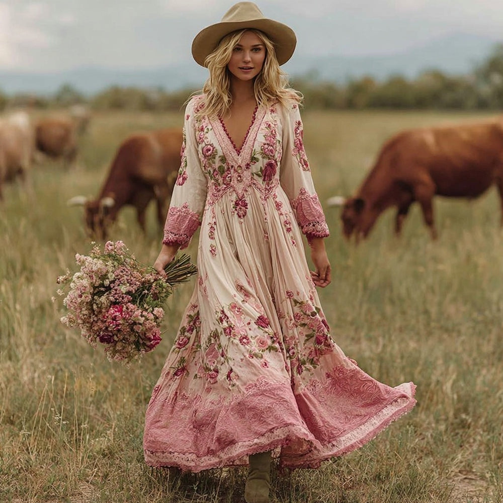 Boho Floral Embroidered Lace Patchwork Flowy Maxi Dress