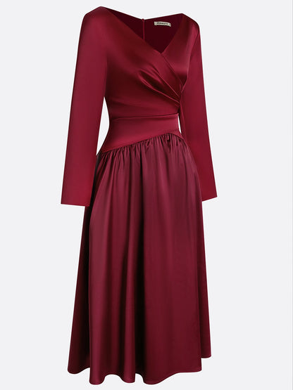 Burgundy Ruched Satin V Neck Long Sleeve A-Line Midi Dress