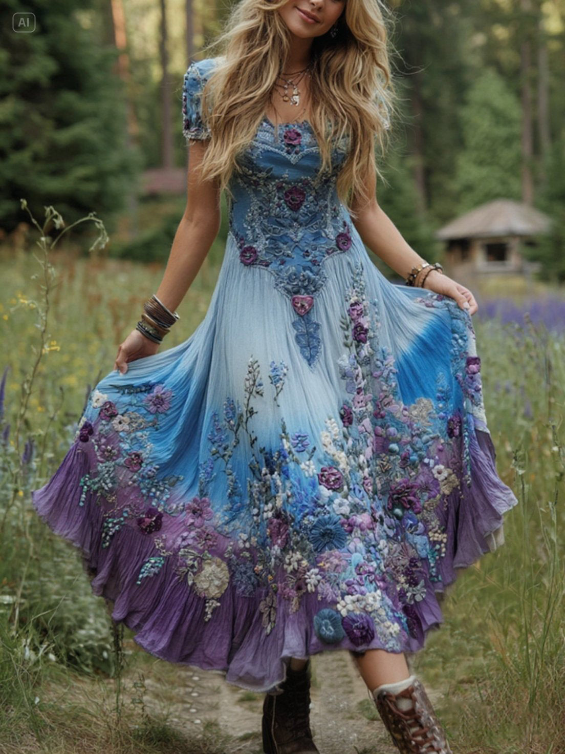 Classy Gradient Purple Lavender And Floral Embroidered Linen Maxi Dress a296