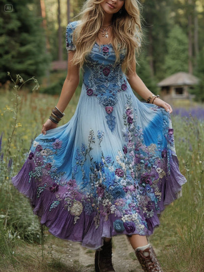 Classy Gradient Purple Lavender And Floral Embroidered Linen Maxi Dress a296