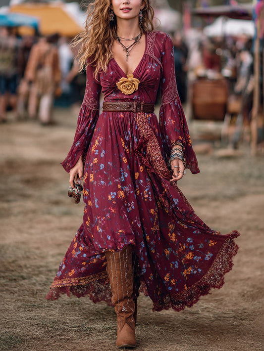Bohemian Floral Print Maxi Dress With Lace Trim And Rose Detail In Soft Chiffon Fabric