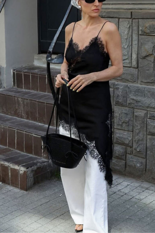 Lace-Paneled Satin Slip Dress with Asymmetrical Hem