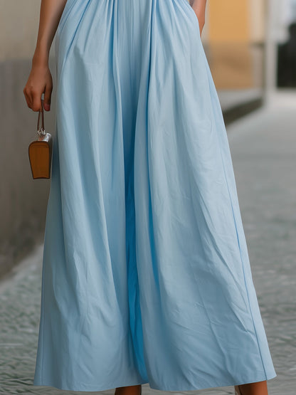 Sleeveless Mandarin Collar Deep V-Neck Pleated Waist Maxi Dress With Pockets