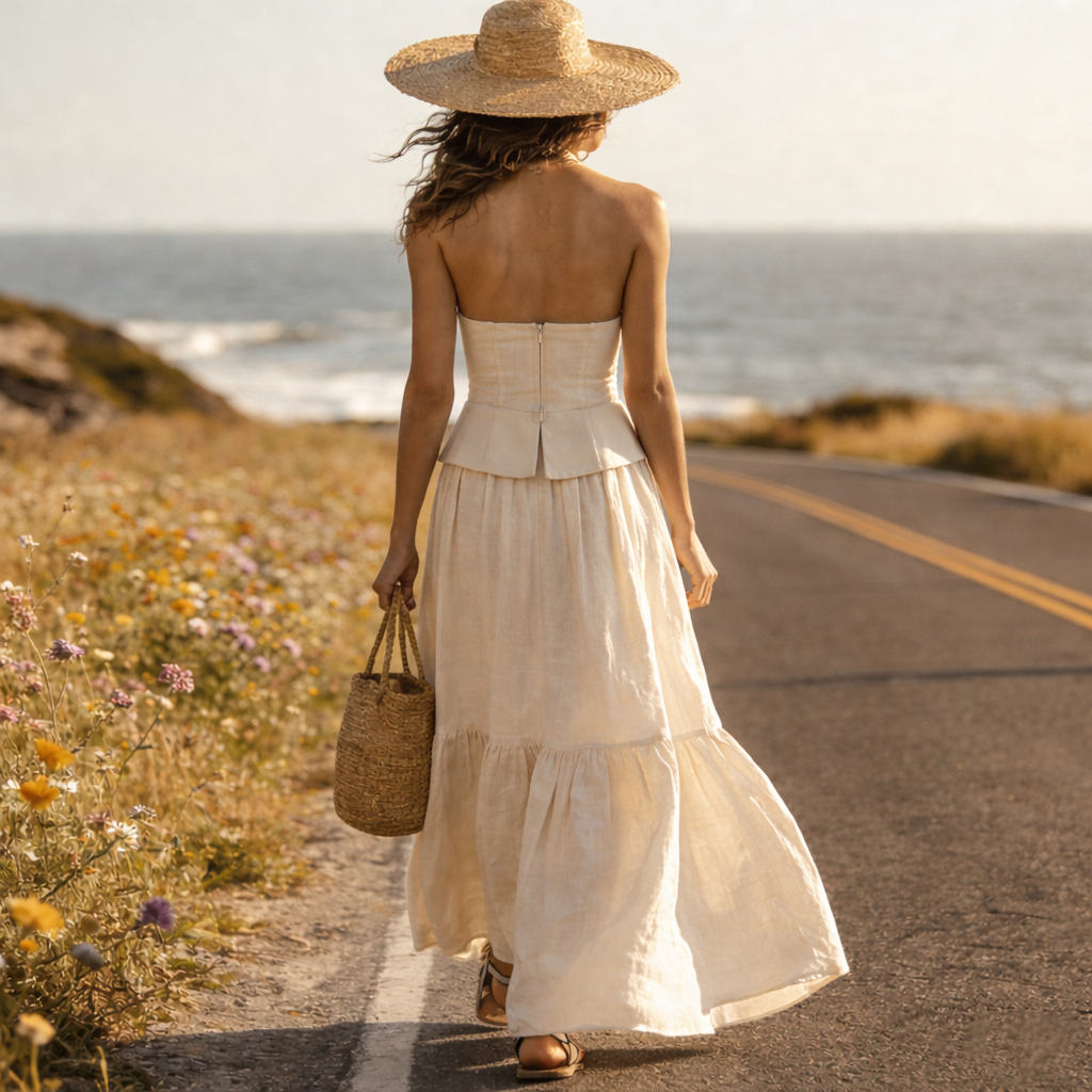 Linen Blend Halter Maxi Dress With Floral Embroidery And Button Front Design