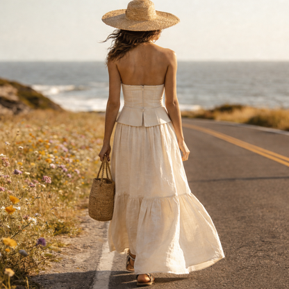 Linen Blend Halter Maxi Dress With Floral Embroidery And Button Front Design