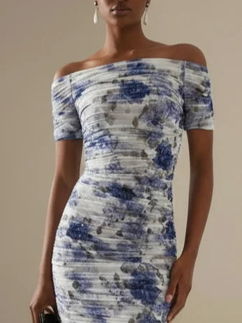 Blue Floral Gathered Tulle Off The Shoulder Short Sleeve Mermaid Floor-length Gown Dress