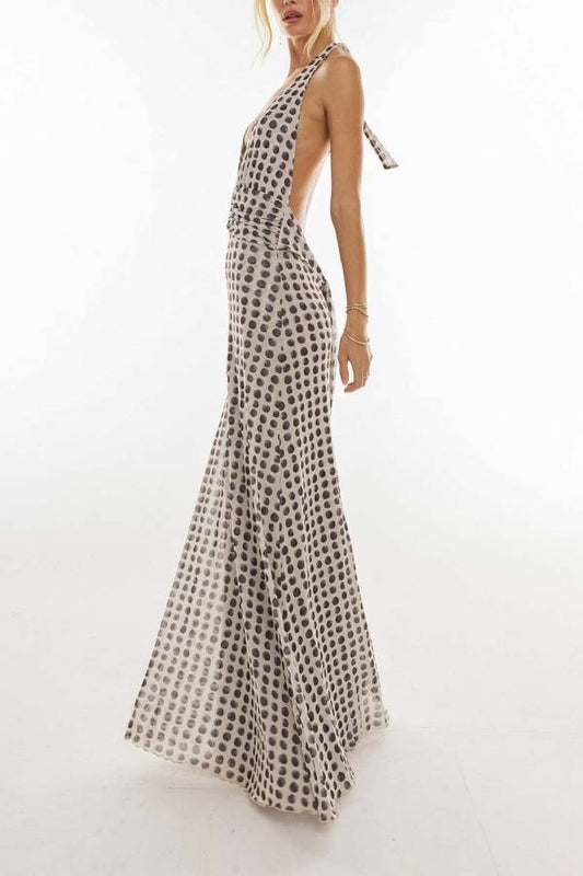 Halter-Neck Deep V Backless Printed Maxi Dress