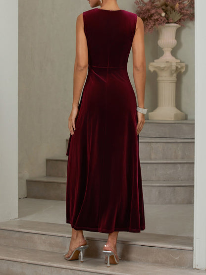 Wine Red Rhinestone Peplum Velvet V Neck Sleeveless A-Line Midi Dress