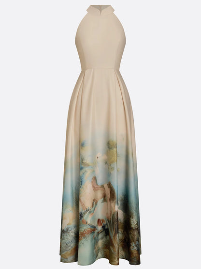 Light Khaki Floral Classic Halter Sleeveless A-Line Floor-length Gown Dress