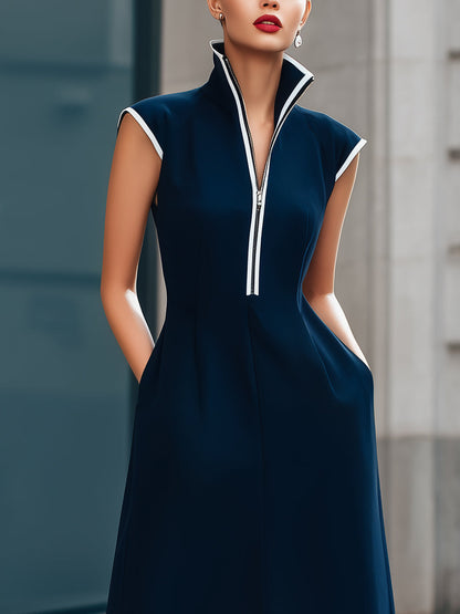 Zip-Front Stand Collar Sleeveless A-Line Maxi Dress
