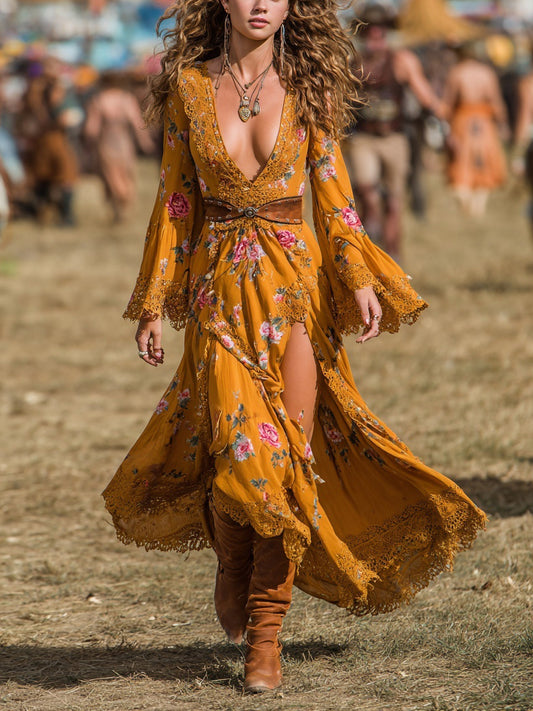 Boho Floral Print Maxi Dress With Lace Trim And Deep V-Neck In Soft Chiffon Fabric