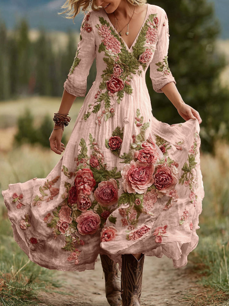 Women's Vintage Rose Floral Art V Neck Linen Blend Comfy Maxi Dress 3771