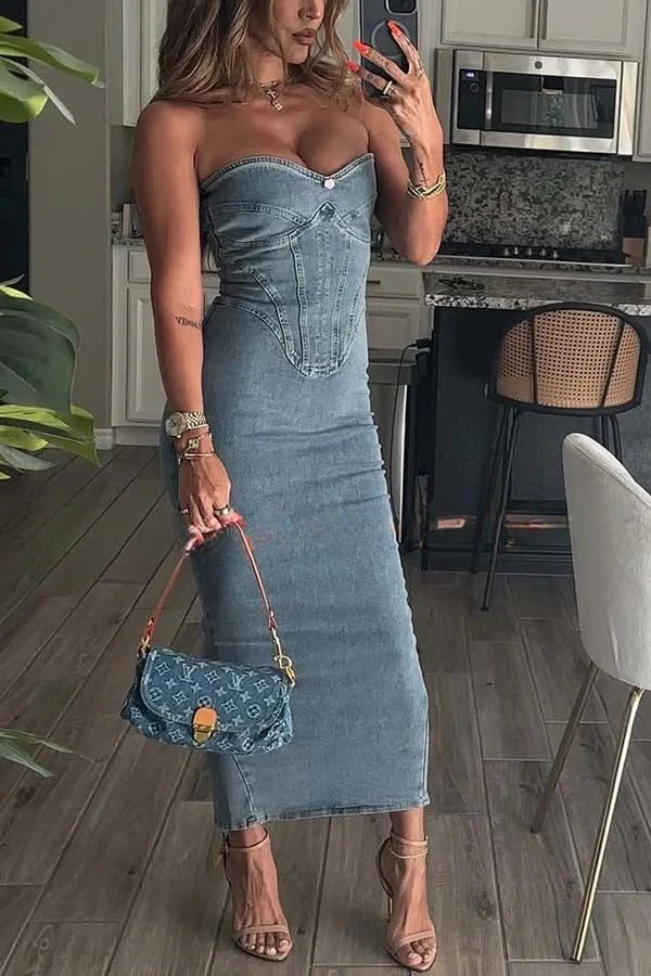 Cutie Denim Rosette Detail Corset Off Shoulder Stretch Maxi Dress