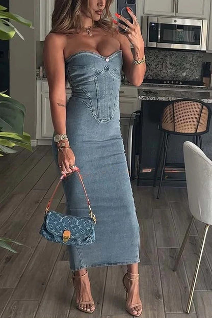 Cutie Denim Rosette Detail Corset Off Shoulder Stretch Maxi Dress