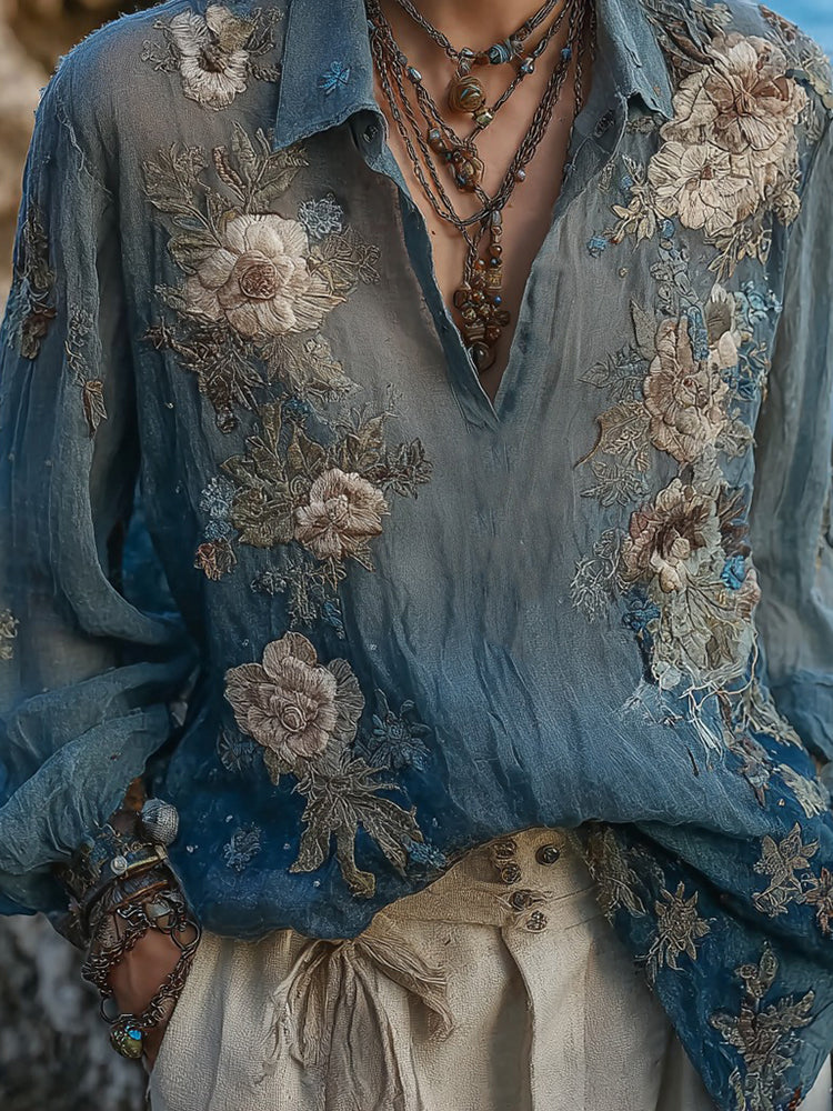 Women's Vintage Bohemian Floral Linen Shirt