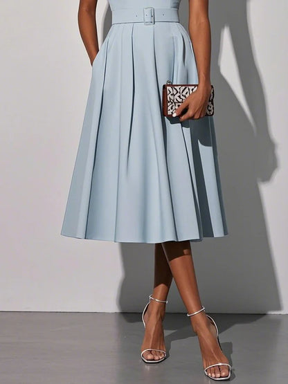 Light Blue Lace V Neck Sleeveless A-Line Midi Dress