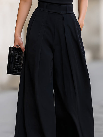 Black High-Waisted Pleated Wide-Leg Trousers