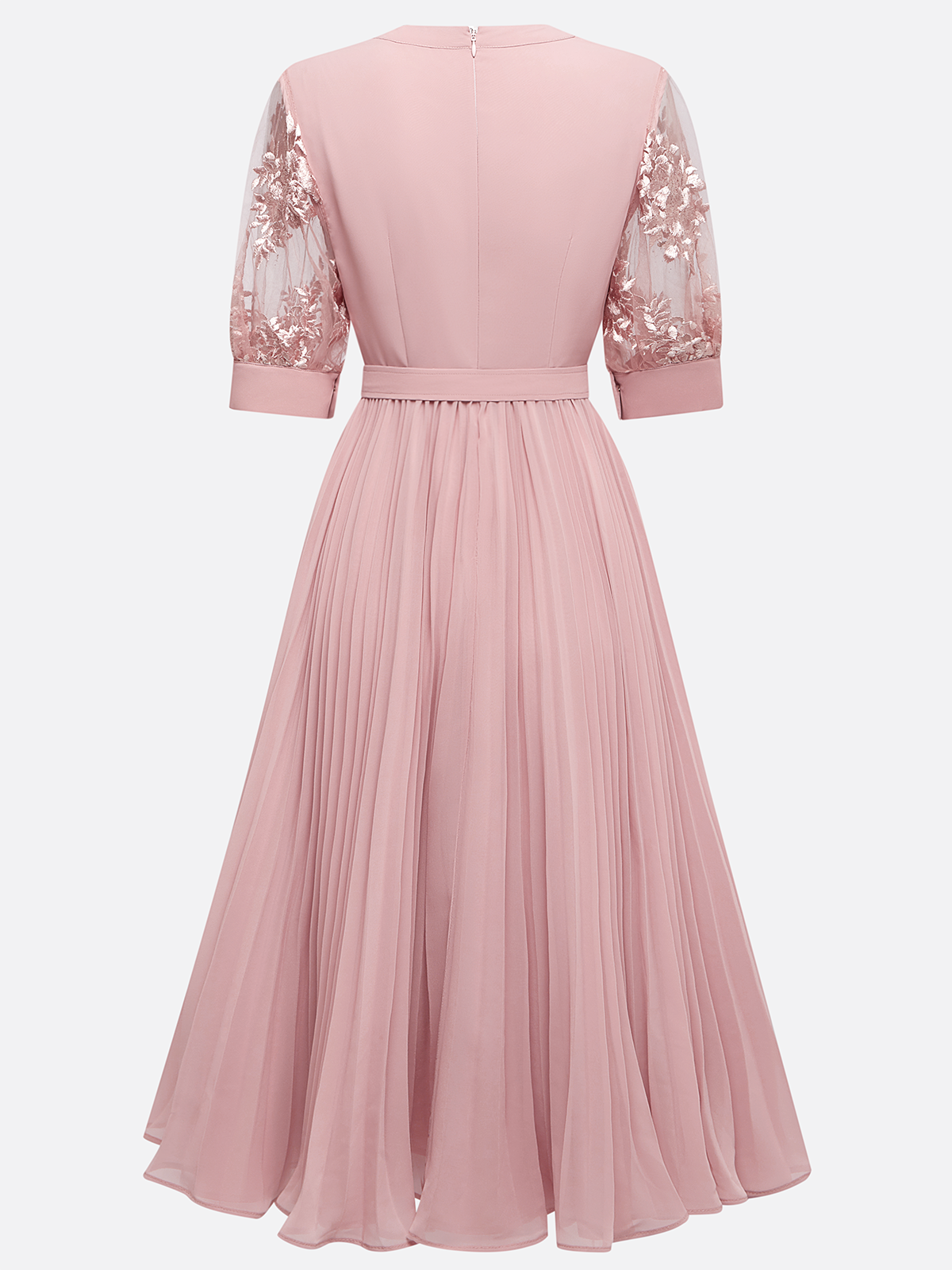 Pink Pleated Lace V Neck A-Line Midi Chiffon Dress