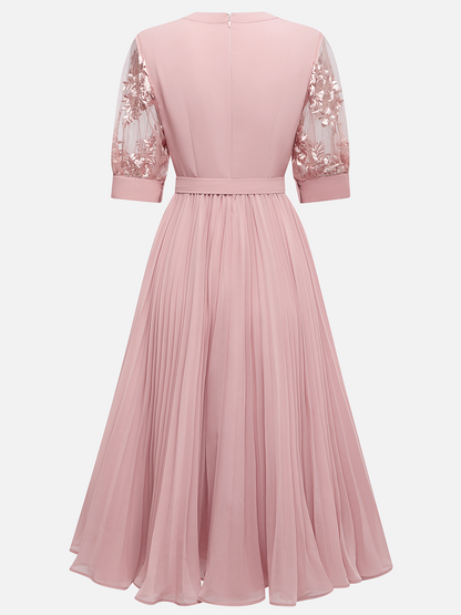 Pink Pleated Lace V Neck A-Line Midi Chiffon Dress