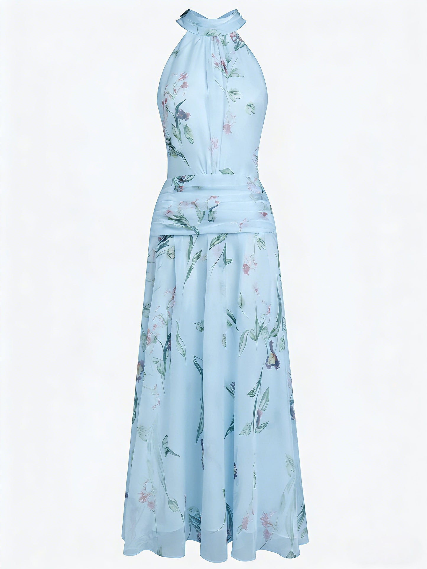 Light Blue Ruched Floral Chiffon Halter Neck Sleeveless A-Line Floor-length Gown Dress