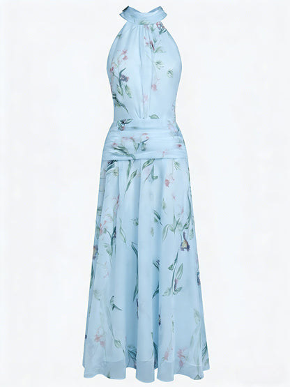 Light Blue Ruched Floral Chiffon Halter Neck Sleeveless A-Line Floor-length Gown Dress