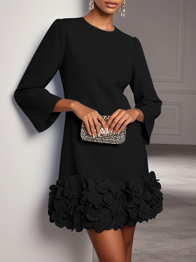 Purplish blue 3D Floral Classic Crew Neck Bell Long Sleeve Shift Mini Dress