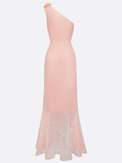 Pink 3D Floral Lace Classic One Shoulder Sleeveless Mermaid Gown Dress
