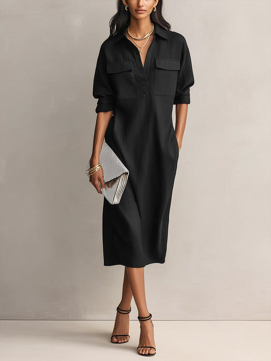 Women's Solid Color Lapel Collar Long Sleeve Casual Loose Cotton Linen Dress