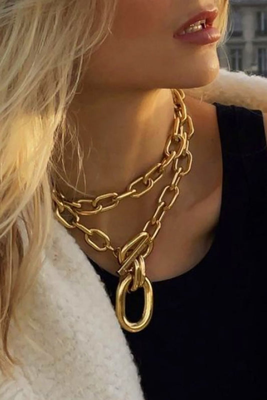 Layered Chain Metal Buckle Alloy Necklace