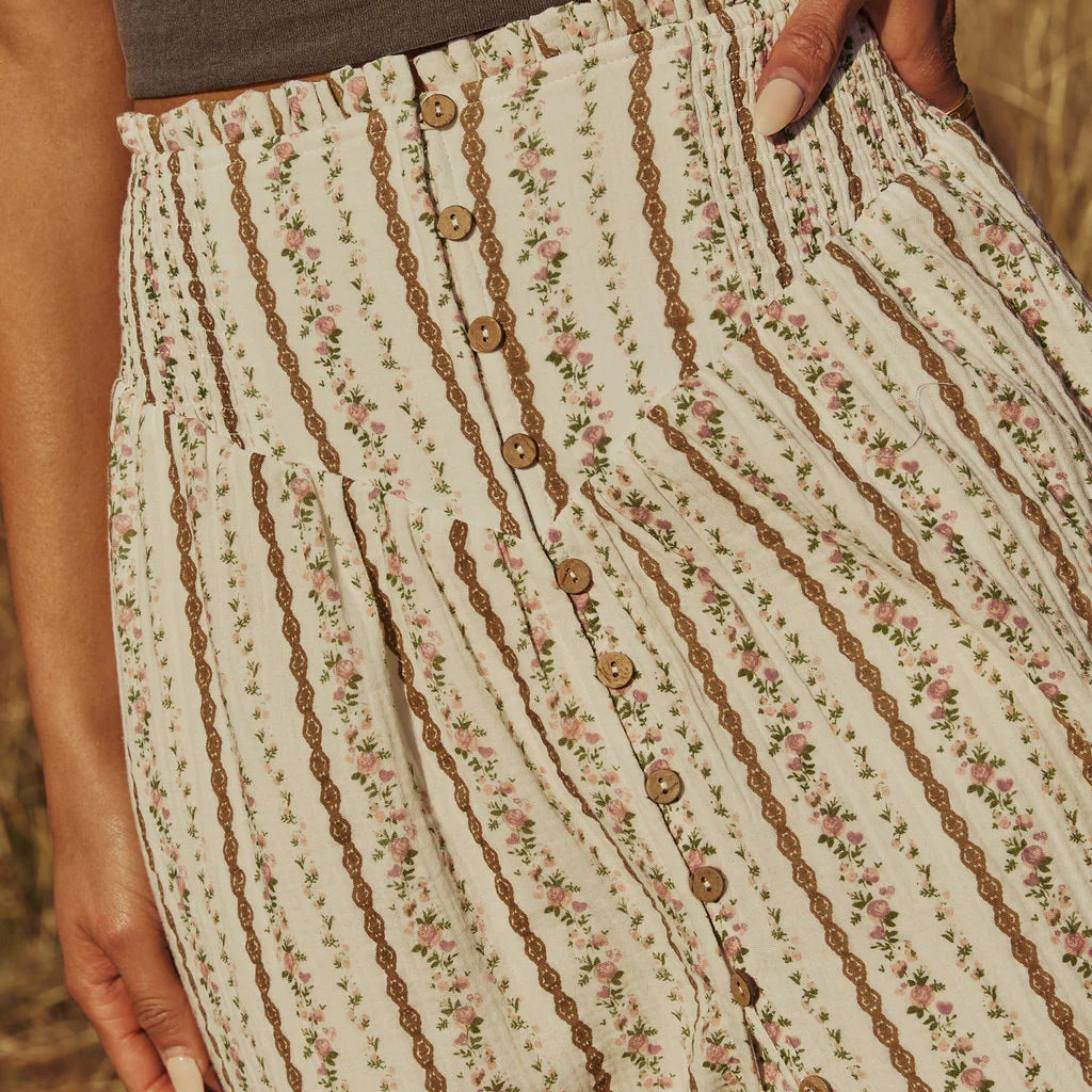 Western Spring Outfits Cotton Blend Floral Stripe Maxi Skirt With Button Front And High Slit For Boho Style