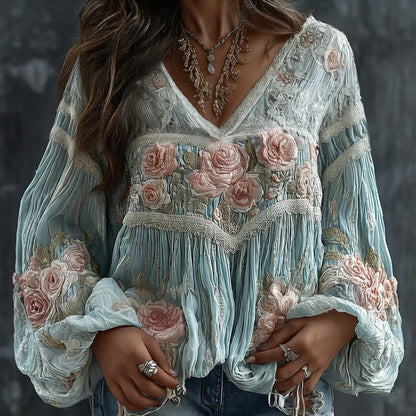 Women's Retro Floral Embroidered Art Print Flowy Linen Blend Casual Tops