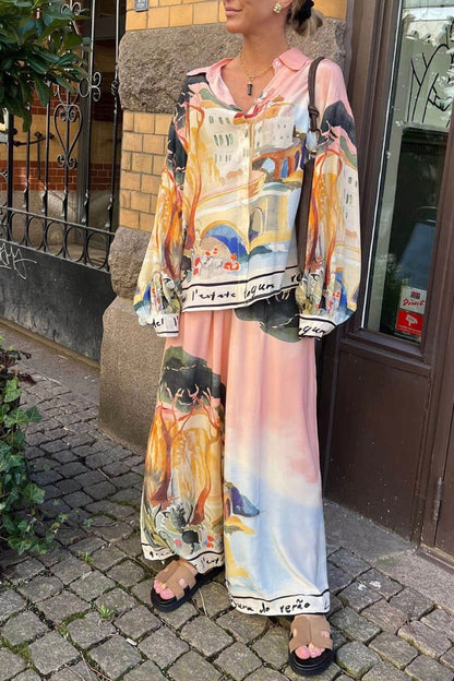 Ellison Unique Print Button Up Long Balloon Sleeve Loose Blouse