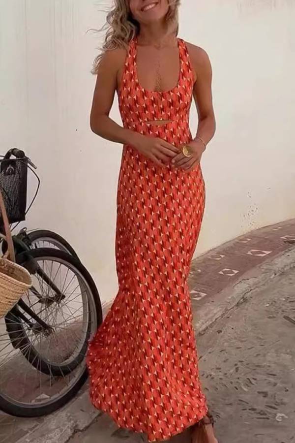 Geometric Print Halter U-Neck Cutout Cross-Back Flowy Maxi Dress