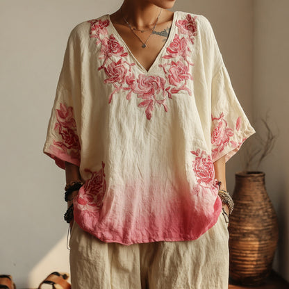 Vintage Pink Rose Gradient Froal Pattern Art Linen Shirts