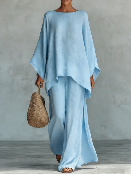 Women's Round Neck Long Sleeve Wide-leg Casual Irregular Hem Two-piece Pants Set