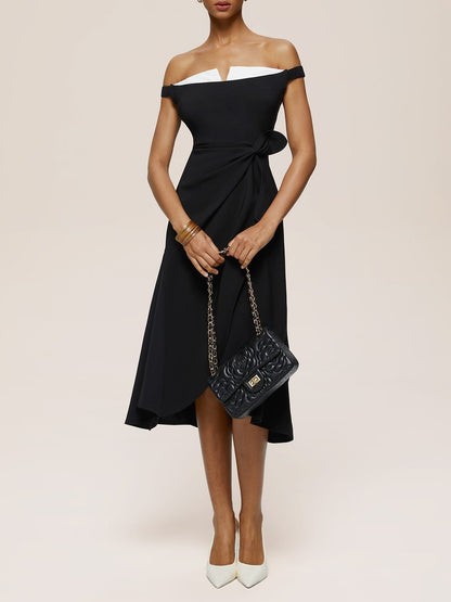 Black Off The Shoulder Sleeveless A-Line Midi Dress